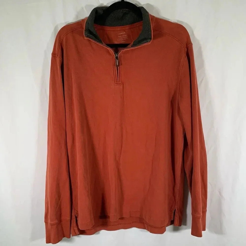 J Crew Sweater Men's Large Solid Orange 1/4 Zip Long Sleeve 100% Cotton